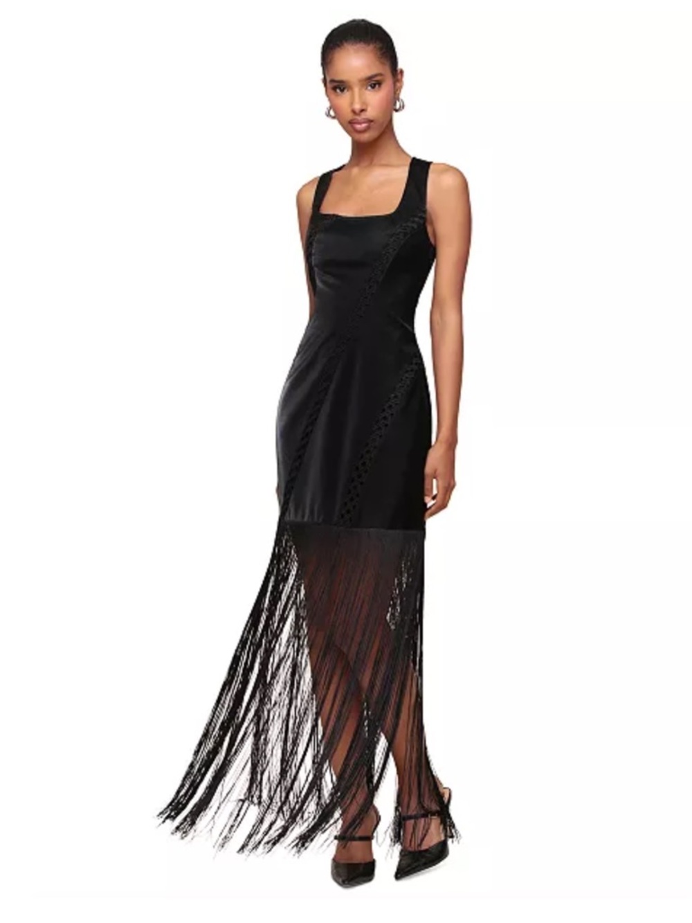 Avec Les Filles Square-Neck Fringe-Trim Dress